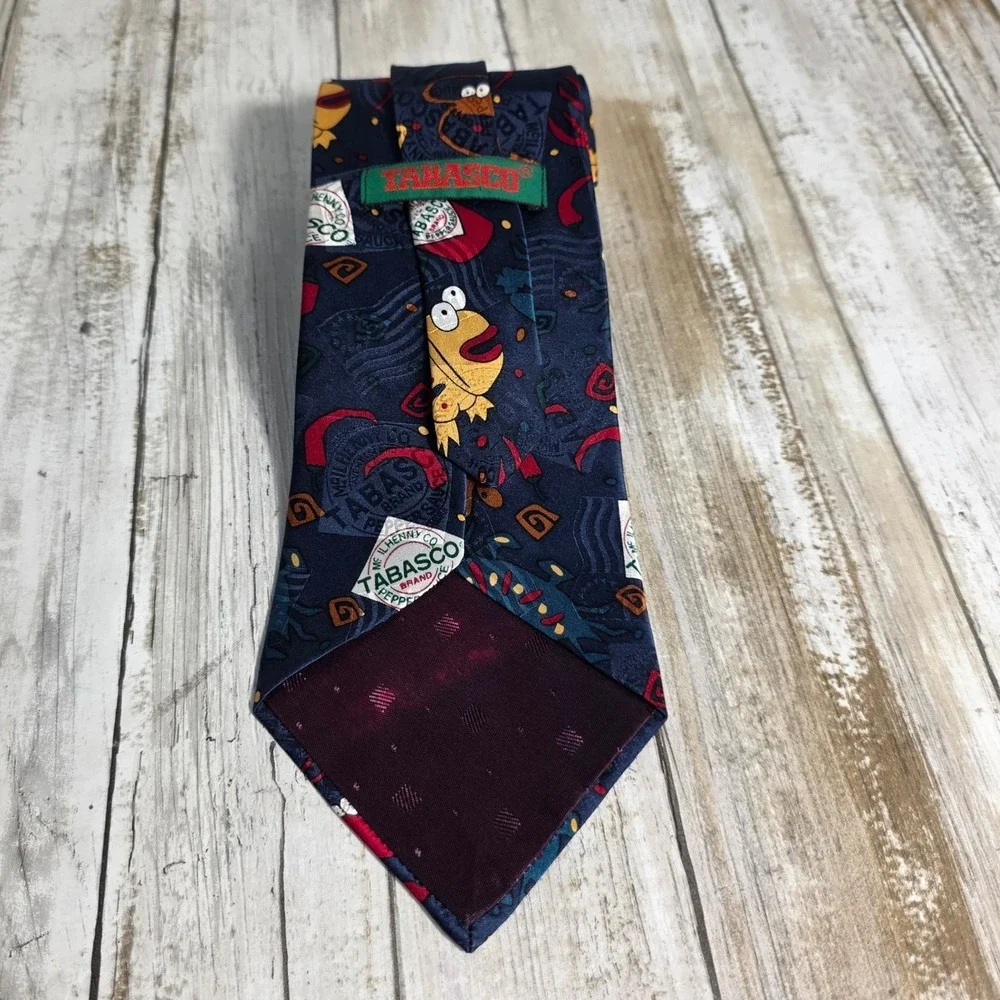 Tabasco Mens Silk Necktie Navy Blue Seafood Fish Shrimp Hot Sauce Novelty Tie